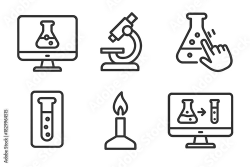 Virtual Lab Essentials Icons. Line style icons of virtual labs basics: computer with lab screen, virtual microscope, interactive