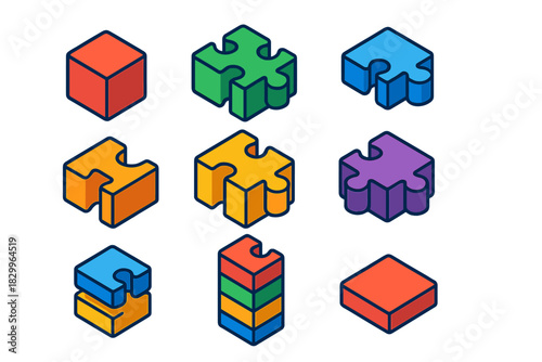 Colorful 3D Puzzle Blocks. Isometric vector illustration set Puzzle pieces – cubic block, interlocking cube, docking notch; 3D