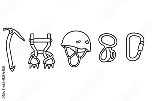 Ice Climbing Gear Icons. Line style icons of ice climbing gear: ice axe, crampons, climbing helmet, belay device, carabiner,