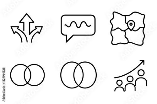 Dialect Mixture Icons. Line style icons of Dialect Mixture and Levelling: merging arrows, blended speech icon, new urban dialect,