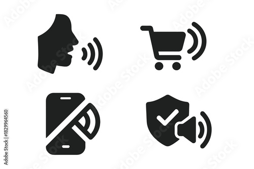 Voice-Activated Shopping Icons. Solid style icons of hands-free ordering: hand-off voice icon, audio shopping confirmation,