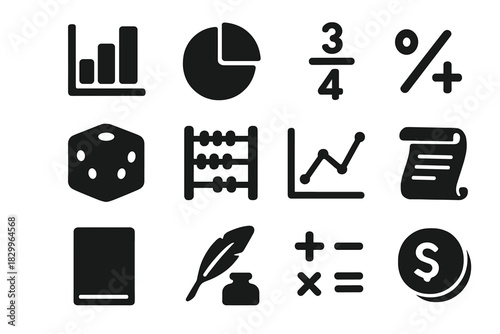 Statistical Analysis Icons. Solid style icons of statistical analysis in early games: bar chart, pie chart, fraction, dice, abacus