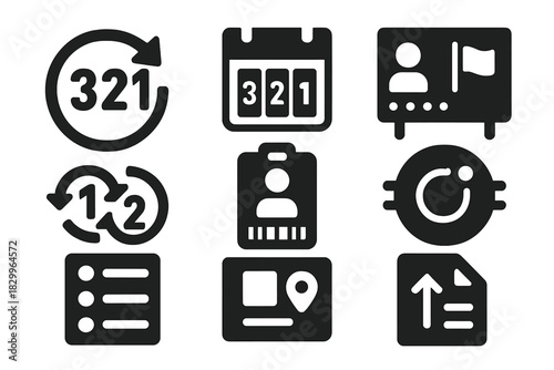 Race Start Logistics Icons. Solid style icons of race start logistics: backward countdown icon, flipped lineup badge, staging area