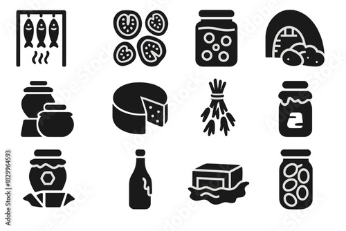 Traditional Preservation Icons. Solid style icons of traditional preservation: smoking rack, sun-dried tomatoes, pickling jar,