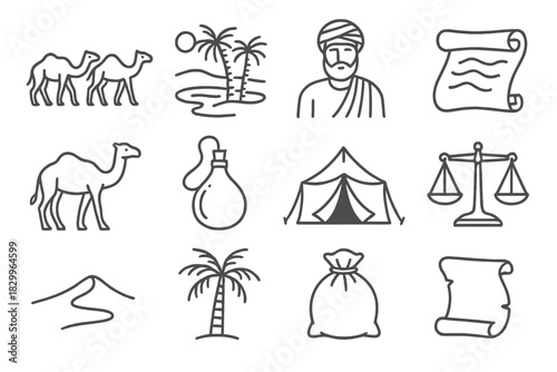 Desert Trade Icons. Line style icons of Desert Trade: Caravan, Oasis, Merchant, Silk; Camel, Water Skin, Tent, Trading Scale; Sand