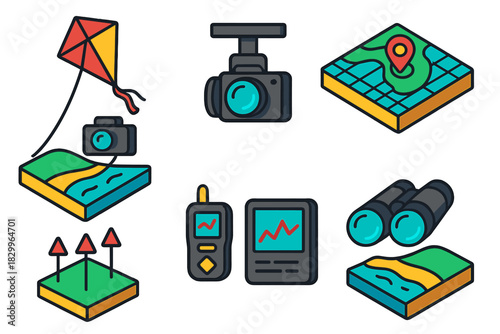 Aerial Survey Icons. Isometric vector illustration set Kite aerial photography: kite surveying coastline, camera mounted for