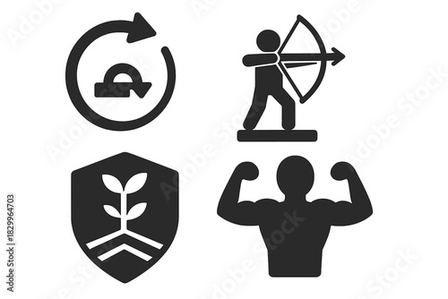 Resilience Icons Collection. Solid style icons of resilience and determination: retry pose icon, comeback archer panel, growth