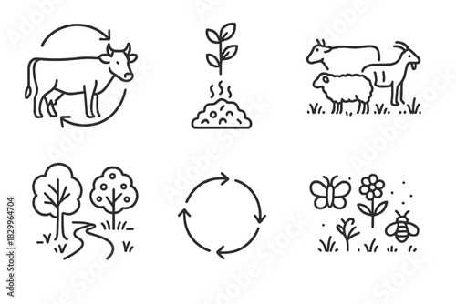 Integrated Farming Icons. Line style icons of Integrated Farming Systems: crop-livestock loop, manure to compost icon,