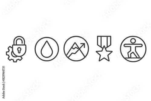 Training Achievement Icons. Line style icons of training achievements and badges: skill unlocked symbol, first drop badge, climb