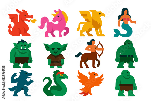 Mythical Creatures Icons. Flat vector icons of mythical creatures: dragon, unicorn, griffin, mermaid, troll, goblin, phoenix,