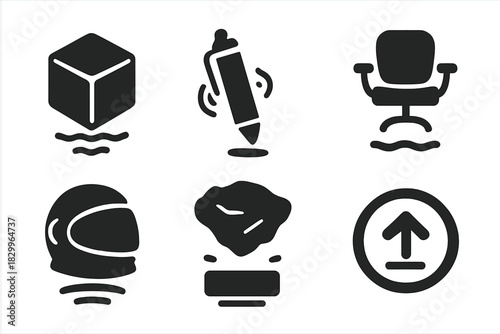 Levitating Objects Icons. Solid style icons of floating objects: levitating cube, suspended pen, anti-gravity chair. Floating