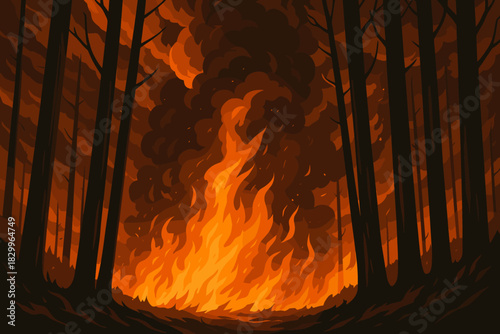 Dramatic Forest Inferno. Dramatic fire in vector illustration a forest with smoke billowing through tall trees, rich orange and