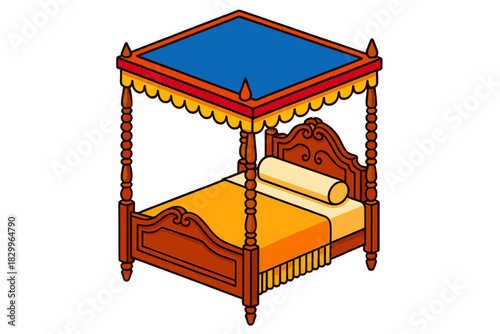 Antique Four-Poster Bed. Isometric vector illustration set Antique furniture – Colonial four-poster bed, turned posts, tester