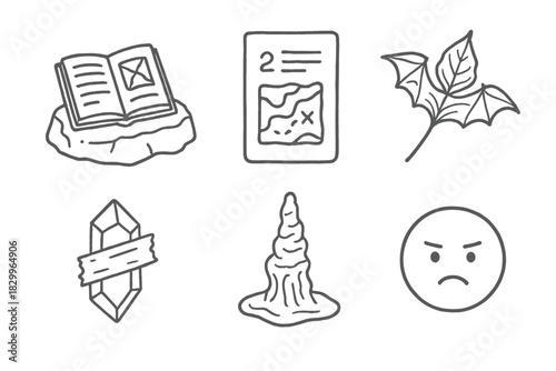 Cave Diary Icons. Line style icons of personal cave diary entries: open notebook on rock, date and map sketch, pressed batwing