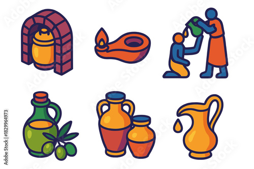 Ancient Oil Traditions. Isometric vector illustration set Oleology: ancient oil storage, lamp oils, ceremonial anointing rituals,