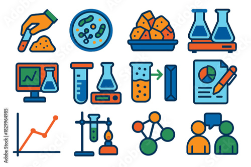 Biohydrometallurgy Workflow Icons. Flat vector icons of biohydrometallurgy research workflow: sample collection, bacterial culture
