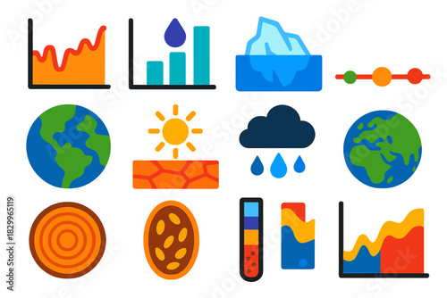 Climate History Icons. Flat vector icons of climate history reconstruction: temperature chart, precipitation graph, ice sheet