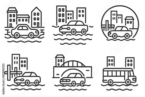 Urban Amphibious Icons. Line style icons of amphibious car in urban settings: canal crossing with buildings, floating through