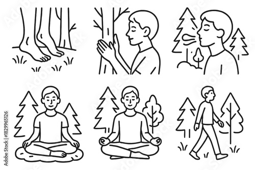 Forest Bathing Icons. Line style icons of forest bathing activities: barefoot forest walk, mindful tree touch, deep breathing in
