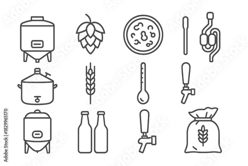 Fermentation Icon Set. Line style icons of Fermentation Science: Mash Tun, Hops, Yeast Culture, Airlock; Brewing Kettle, Barley,