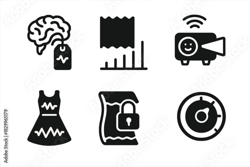 Brain-Computer Fashion Icons. Line style icons of Brain-Computer Fashion: live brainwave input tag, textile reaction scale, signal