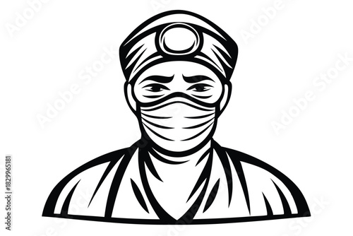 Monochromatic surgeon wearing cap and mask is looking directly at the viewer with confidence