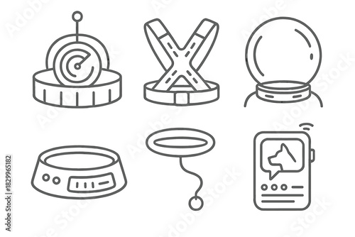 Retro-Futuristic Pet Wearables. Line style icons of retro-futuristic wearables for pets: chrome cat collar with radar, glowing dog