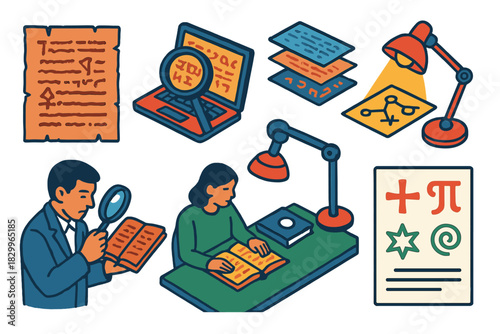 Palimpsest Analysis Icons. Isometric vector illustration set Palimpsest studies: erased manuscript pages, imaging tools, recovered