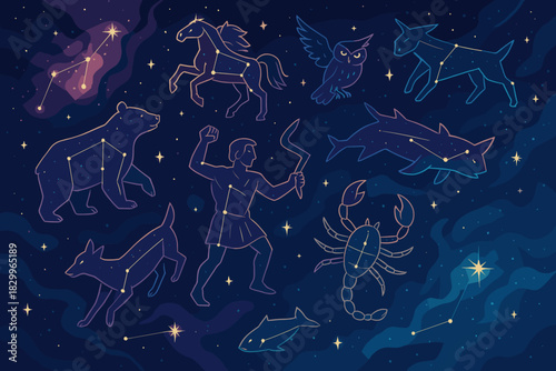 Vibrant Cosmic Constellations. Expansive vector illustration night sky filled with vibrant constellations and glowing nebulae,