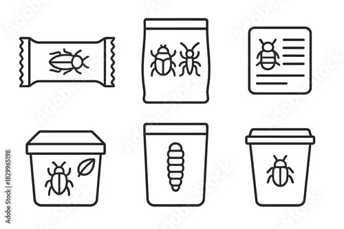 Insect Cuisine Packaging Icons. Line style icons of insect cuisine packaging: transparent protein bar wrapper, bug mix pouch,