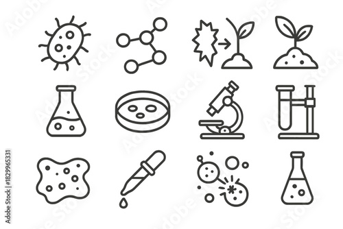 Microbial Cleanup Icons. Line style icons of Microbial Cleanup: Bacteria, Polymer Chain, Breakdown Process, Environmental Solution