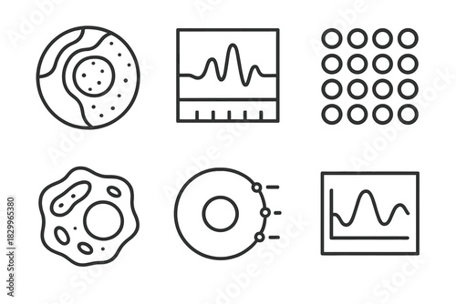Astrobiology Data Icons. Line style icons of astrobiology data visualization: planet biosignature heatmap, chemical spectrum chart