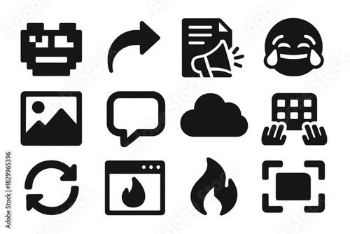 Internet Meme Icons. Solid style icons of internet memes as cultural units: pixelated face, share arrow, viral post icon, laughing