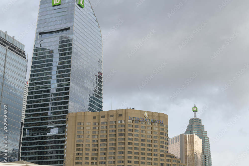 Obraz premium exterior buildings seen from Bremner Blvd, incl InterContinental Toronto Centre, TD Terrace, RBC WaterPark Place, Royal Bank Plaza, TD Canada Trust Tower, Toronto