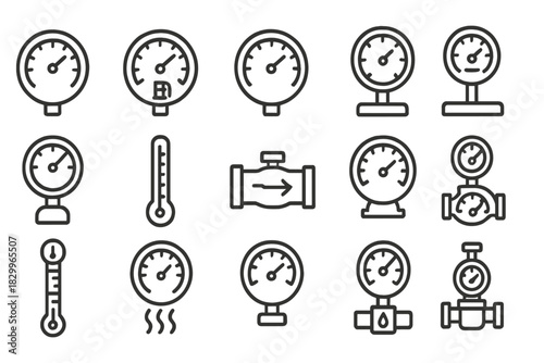 Industrial Meters Icons. Line style icons of industrial meters: pressure gauge, fuel dial, torque meter, hydraulic scale; boiler