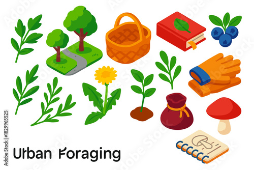 Urban Foraging Essentials. Isometric vector illustration set Urban Foraging: edible weeds, city park pathway, wicker harvest