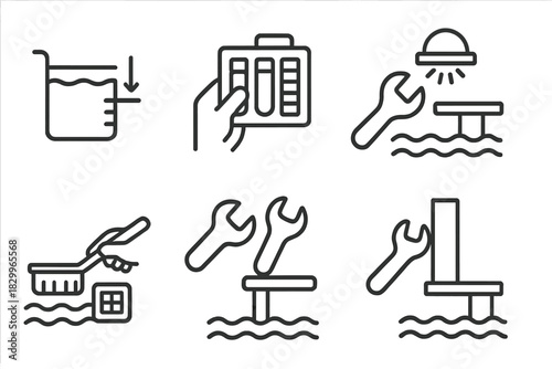 Aquatic Facility Maintenance Icons. Line style icons of aquatic facility maintenance: pool water level check, chlorine test kit,