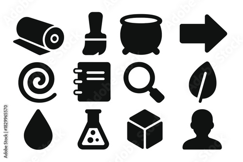 Textile Processing Icons. Solid style icons of textile processing and dyeing: fabric roll, brush, vat, arrow, spiral, notebook,