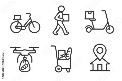 Hyper-Local Delivery Icons. Line style icons of hyper-local delivery: bicycle with crate, walking delivery person, electric