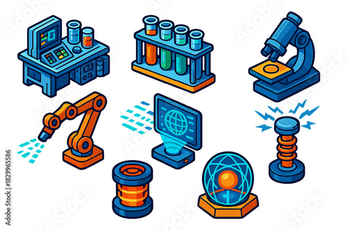 Futuristic Lab Elements. Isometric vector illustration set Comic book elements – high-tech lab, test tube rack, electron