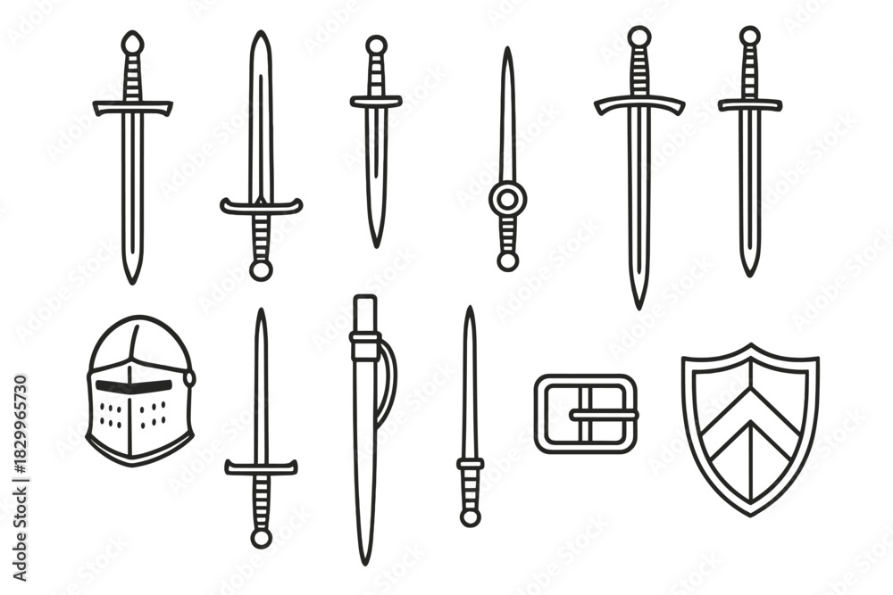 Obraz premium Knightly Weapons Icons. Line style icons of knightly weapons: arming sword, dirk, rondel dagger, claymore; zweihander, estoc,