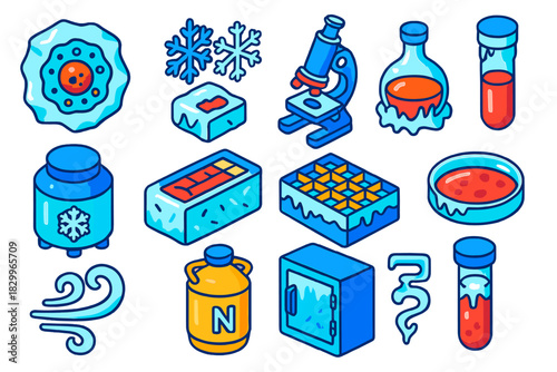 Cryobiology Icons Set. Isometric vector illustration set Cryobiology: ice-encased cell, snowflake crystals, compound microscope,