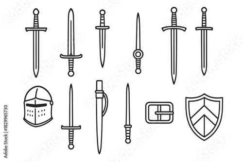 Knightly Weapons Icons. Line style icons of knightly weapons: arming sword, dirk, rondel dagger, claymore; zweihander, estoc,