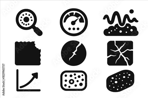 Texture Exploration Icons. Solid style icons of texture exploration: crumb scale, crunchiness meter, foam crack wave. Flaky edge