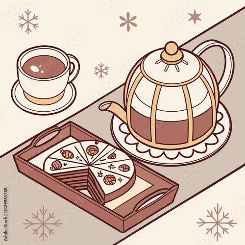 Isometric vector illustration depicting a warm and cozy winter tea time scene. A sliced layer cake decorated with festive elements is placed on a tray next to a teapot and a cup of a hot beverage. The