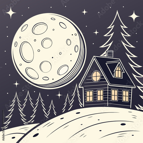 Vintage monochrome illustration of a winter night landscape. The foreground features a cozy wooden house with warmly lit windows, situated on a snowy hill. The background is dominated by a huge, detai