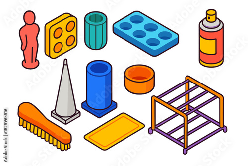 Candle Making Tools. Isometric vector illustration set Candle making – themed molds, silicone mold tray, mold release spray; taper