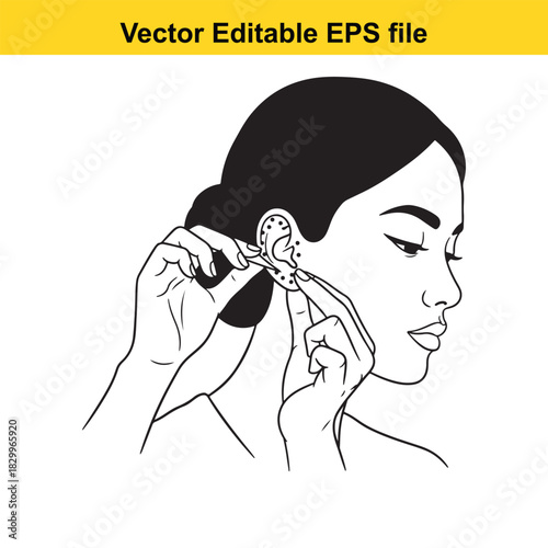 Line art drawing of a woman piercing her earlobe with a small tool, illustrating the process of getting an ear piercing, isolated on white background