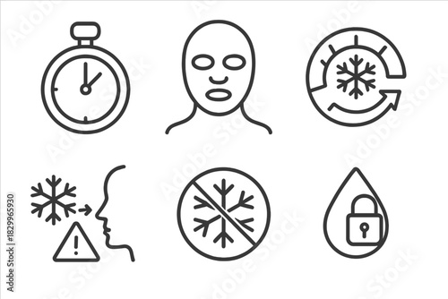 Cryo Facial Safety Icons. Line style icons of cryo facial safety and care: timer icon for treatment, protective face sheet, cold