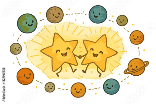 Dancing Binary Stars. Binary star system as two happy stars dancing together, planets circling and cheering around them No text,